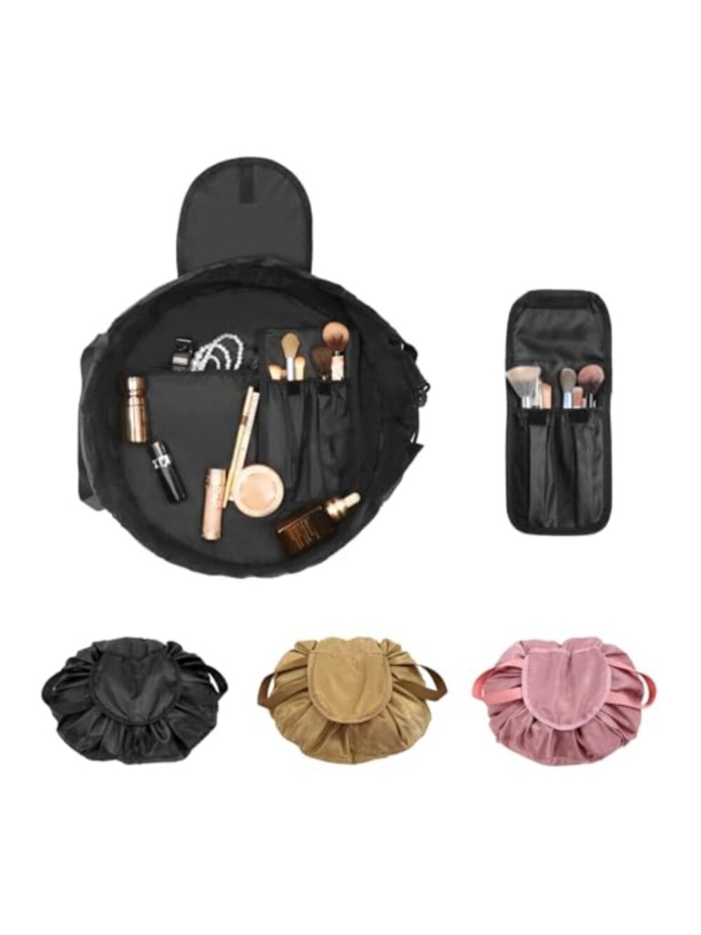 Drawstring Cosmetic Bag Nylon Barrel Cinch Makeup Bag Open Flat Travel Toiletry